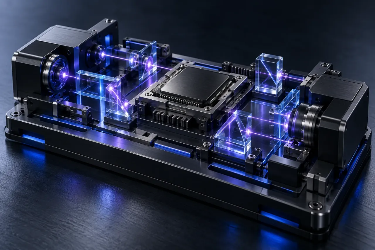 A graphite computing core connected by violet optical pathways.