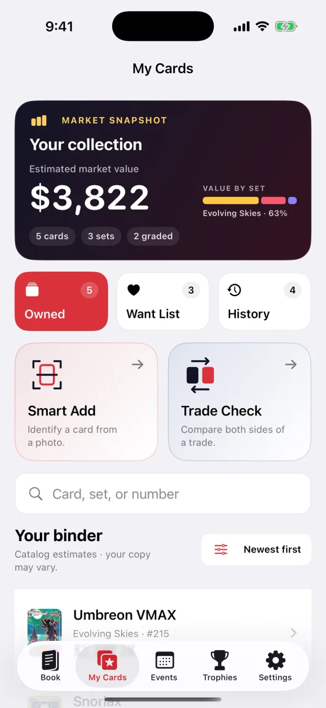 Cardshop VIP My Cards screenshot with a demo binder, owned cards, want list, and estimated market snapshot.