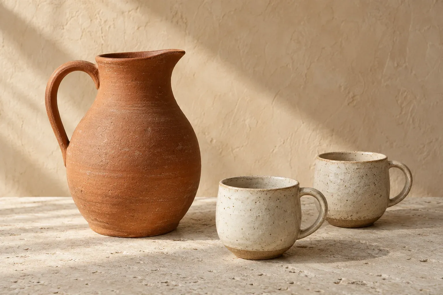 Unbranded clay pitcher and two ceramic cups on a pale stone surface.