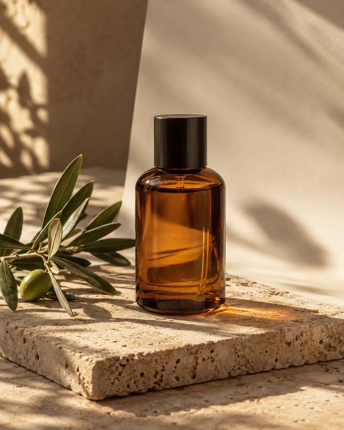 An unlabelled amber fragrance bottle on warm travertine with olive foliage.