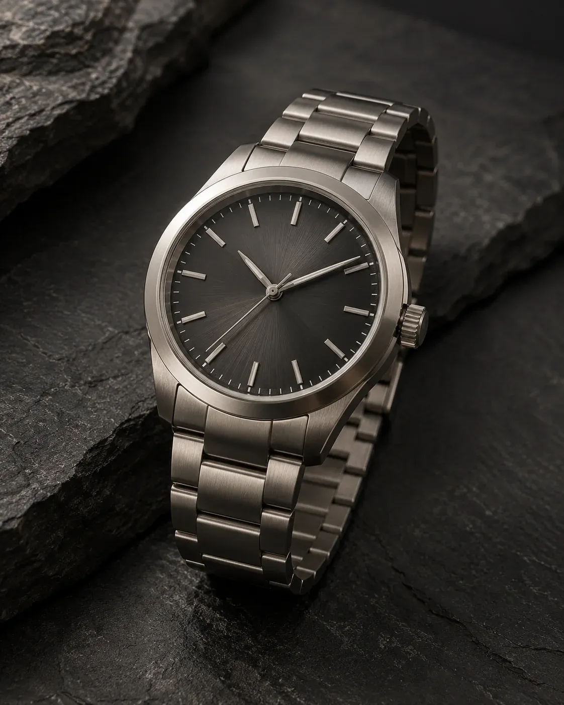 Unbranded brushed-steel wristwatch on dark slate with directional studio light.