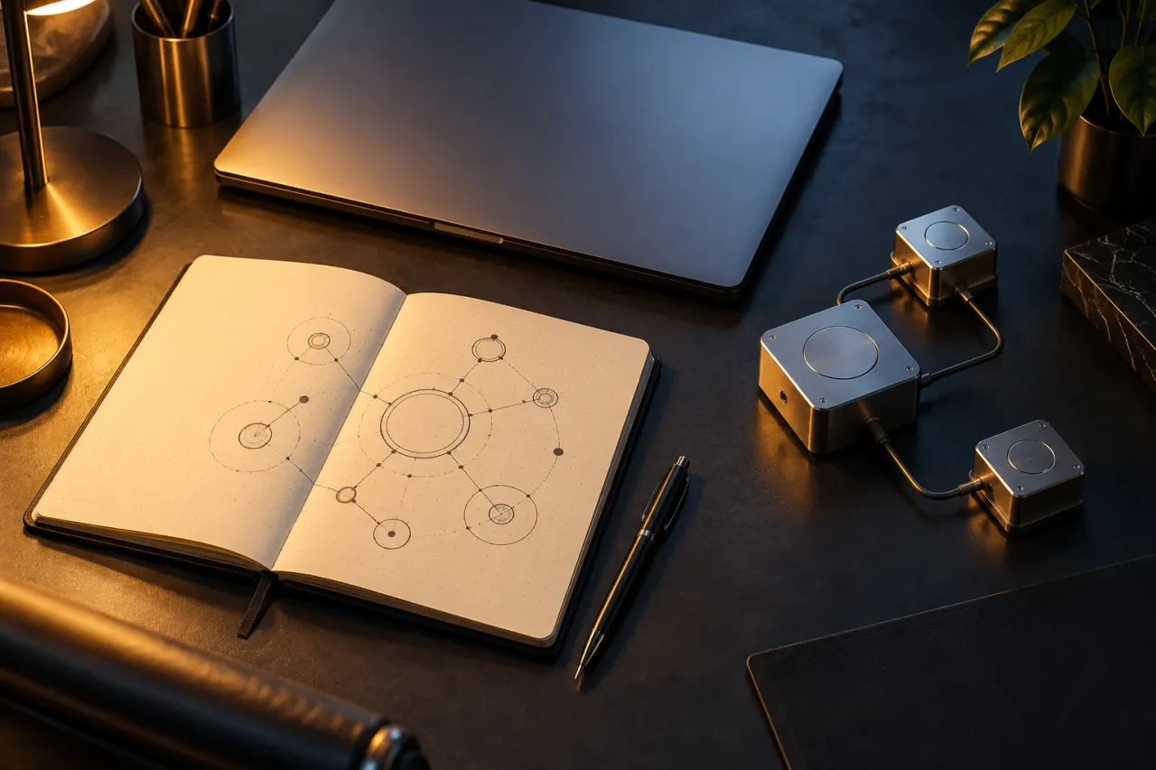 A technical planning desk with an architecture sketch and connected modules.