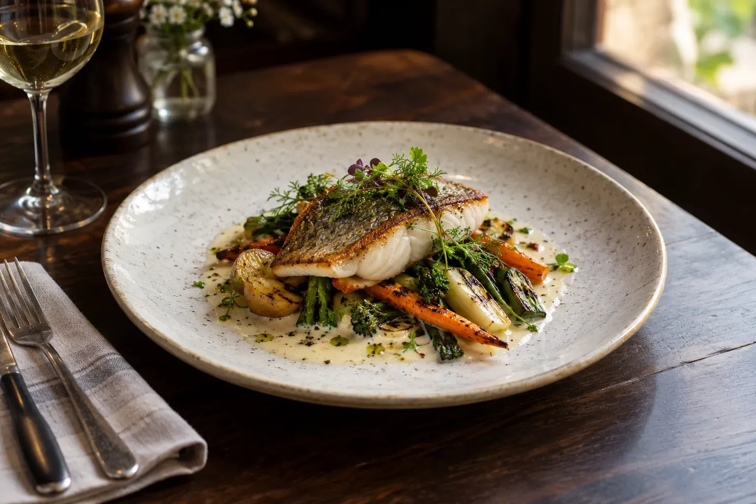 Seared fish, seasonal vegetables, and herbs on handmade ceramic at a restaurant table.