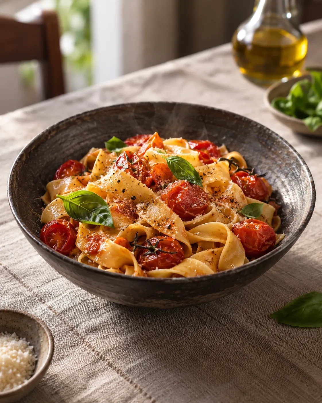 Handmade ribbon pasta with tomatoes and basil in a dark ceramic bowl.