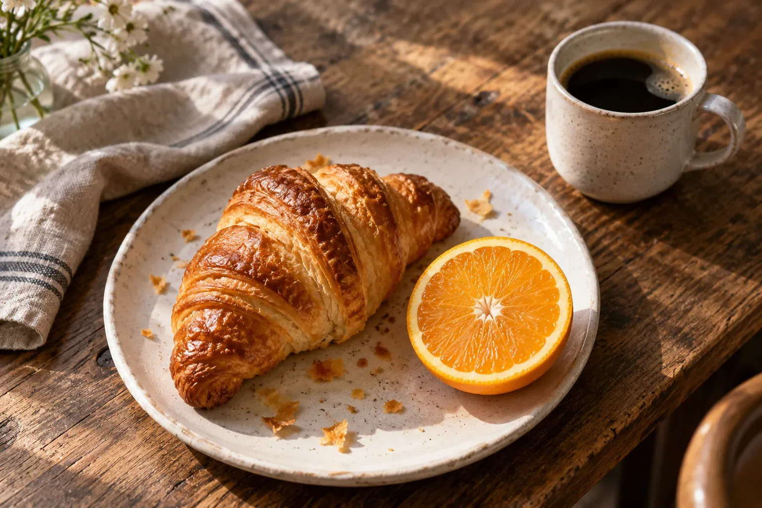 Flaky croissant and fresh citrus on a ceramic plate beside coffee in morning window light.