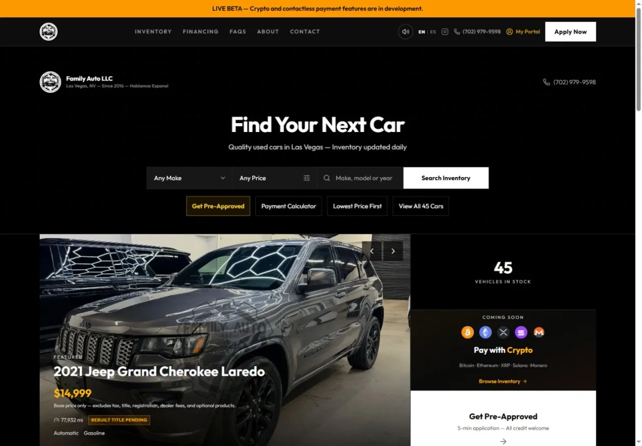 Family Auto LV website with vehicle search and a featured vehicle.