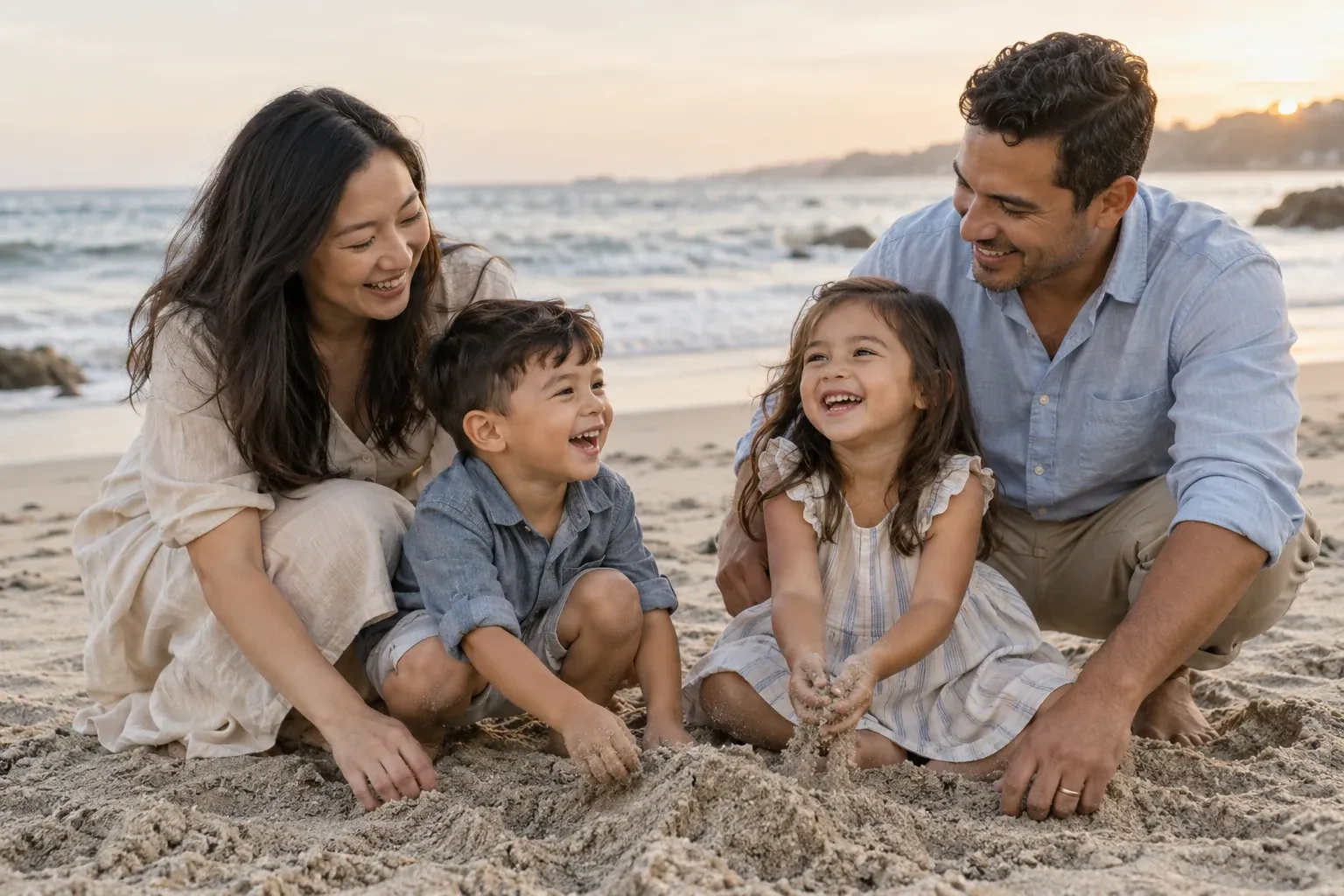 A family of four laughing and playing together on a quiet beach.