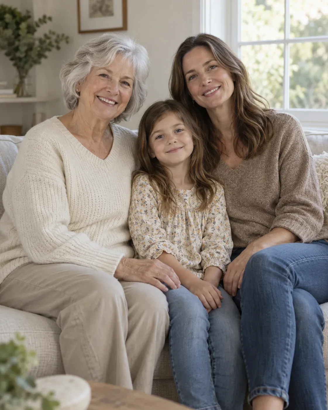 Grandmother, adult daughter and young child smiling together beside a home window.