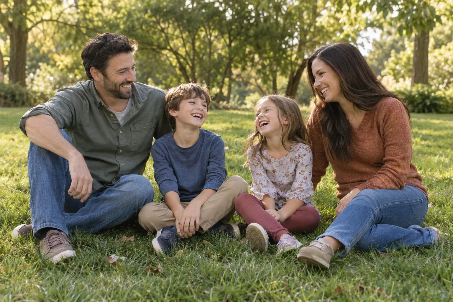 Two adults and their two children enjoying a grassy park in warm afternoon light.