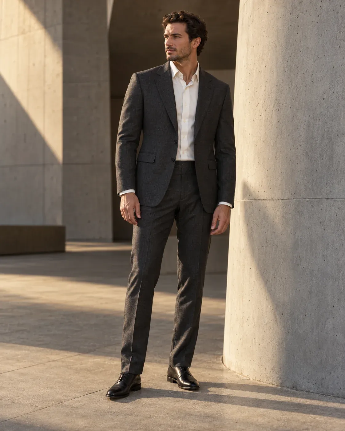 Adult male model in charcoal tailoring beside sunlit concrete architecture.