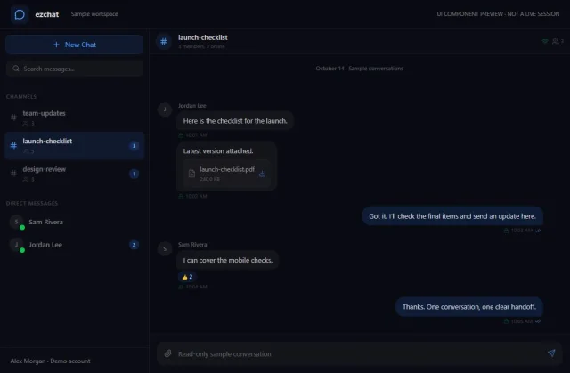 ezchat sample launch channel showing a fictional checklist attachment and team replies.