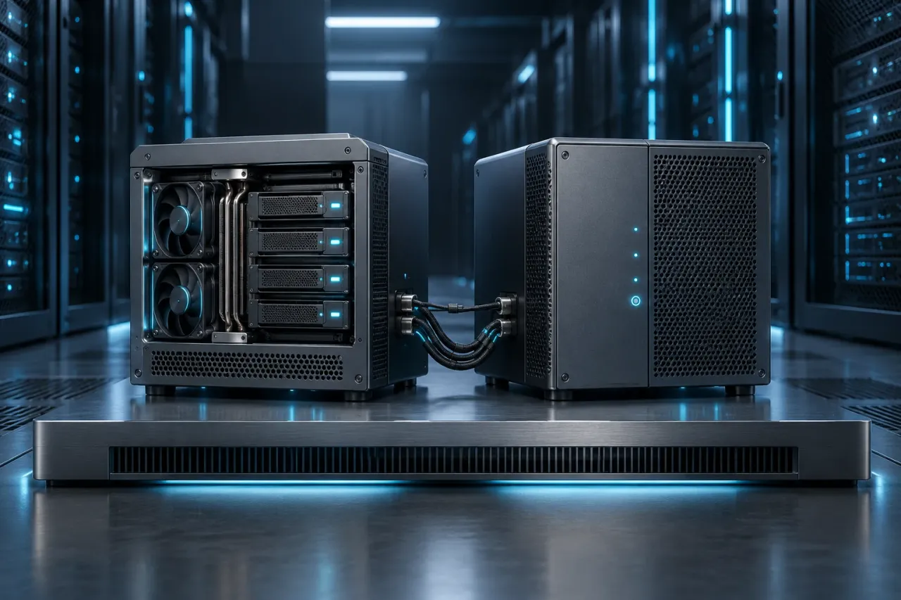 Two connected graphite servers with cyan status lighting.
