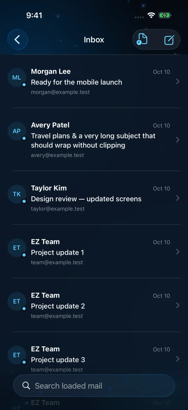 Sample Mail inbox with unread messages and search, using demo accounts.