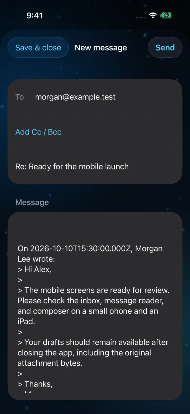 Sample Mail reply with recipient, subject, and quoted message text, using demo accounts.
