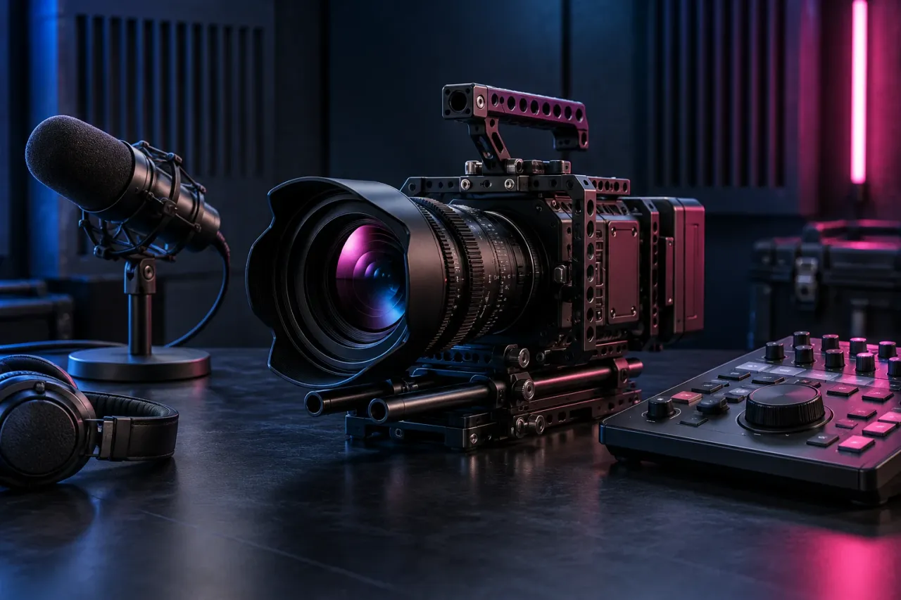 A cinema camera, broadcast microphone, and editing console in a studio.