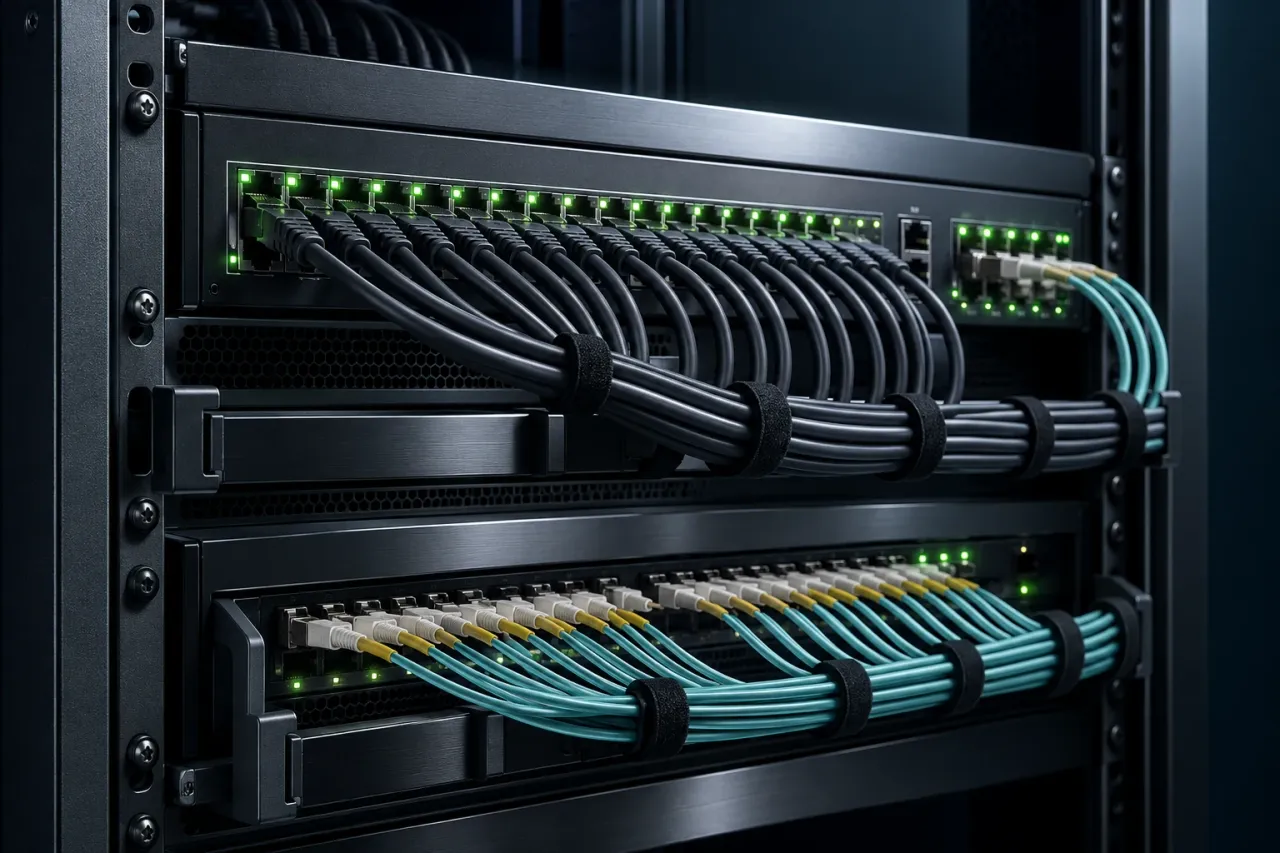 An organized network rack with neatly routed Ethernet and fiber cables.