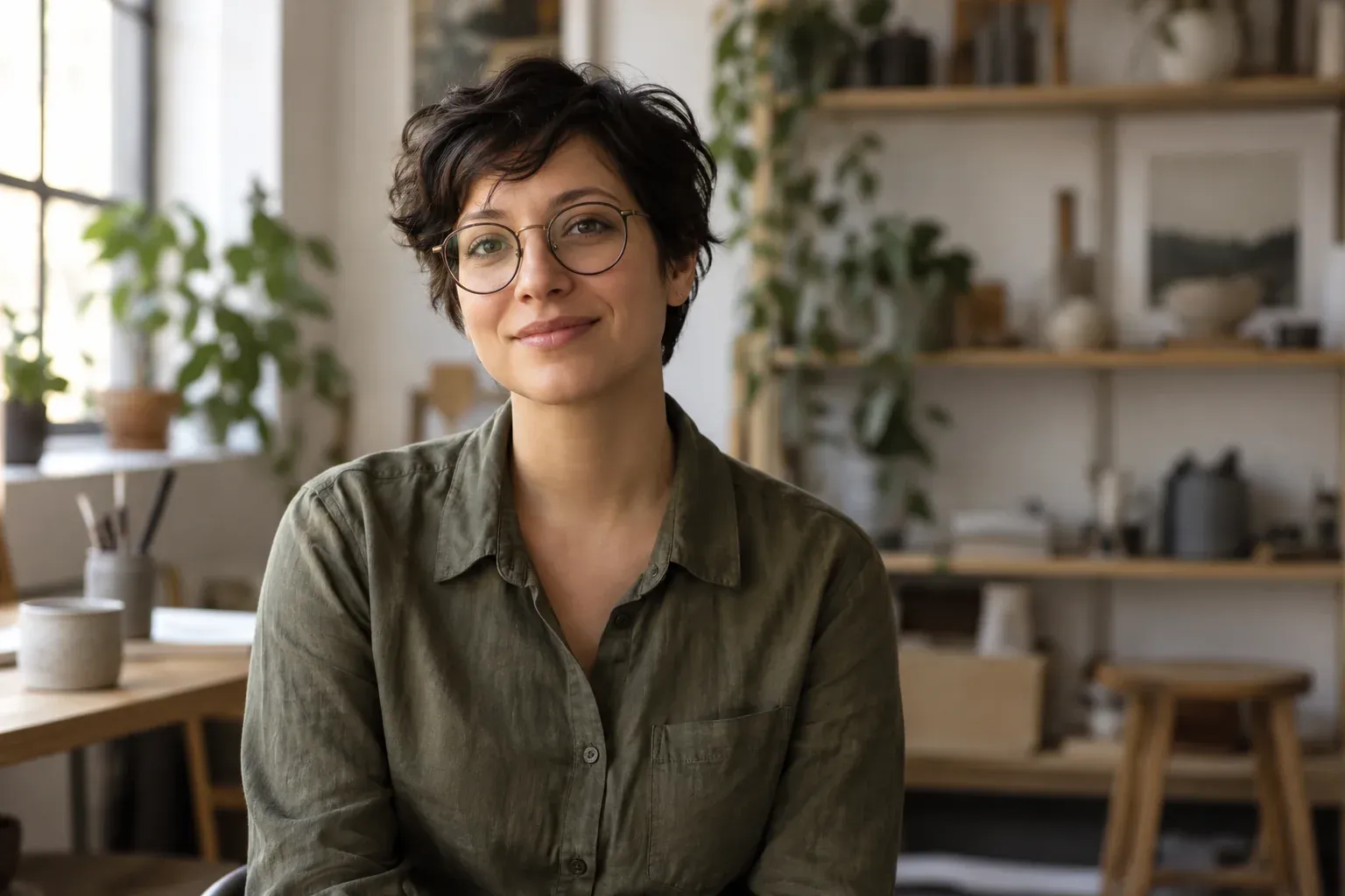 Adult woman wearing round glasses and an olive shirt in a softly lit creative workspace.