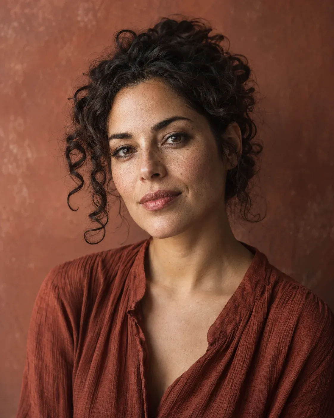 A softly lit portrait with natural curls, freckles, and a terracotta backdrop.