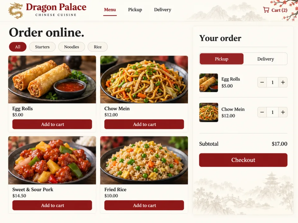 AI-generated restaurant shop concept with food photographs, Add to cart buttons, quantity controls, and a checkout cart