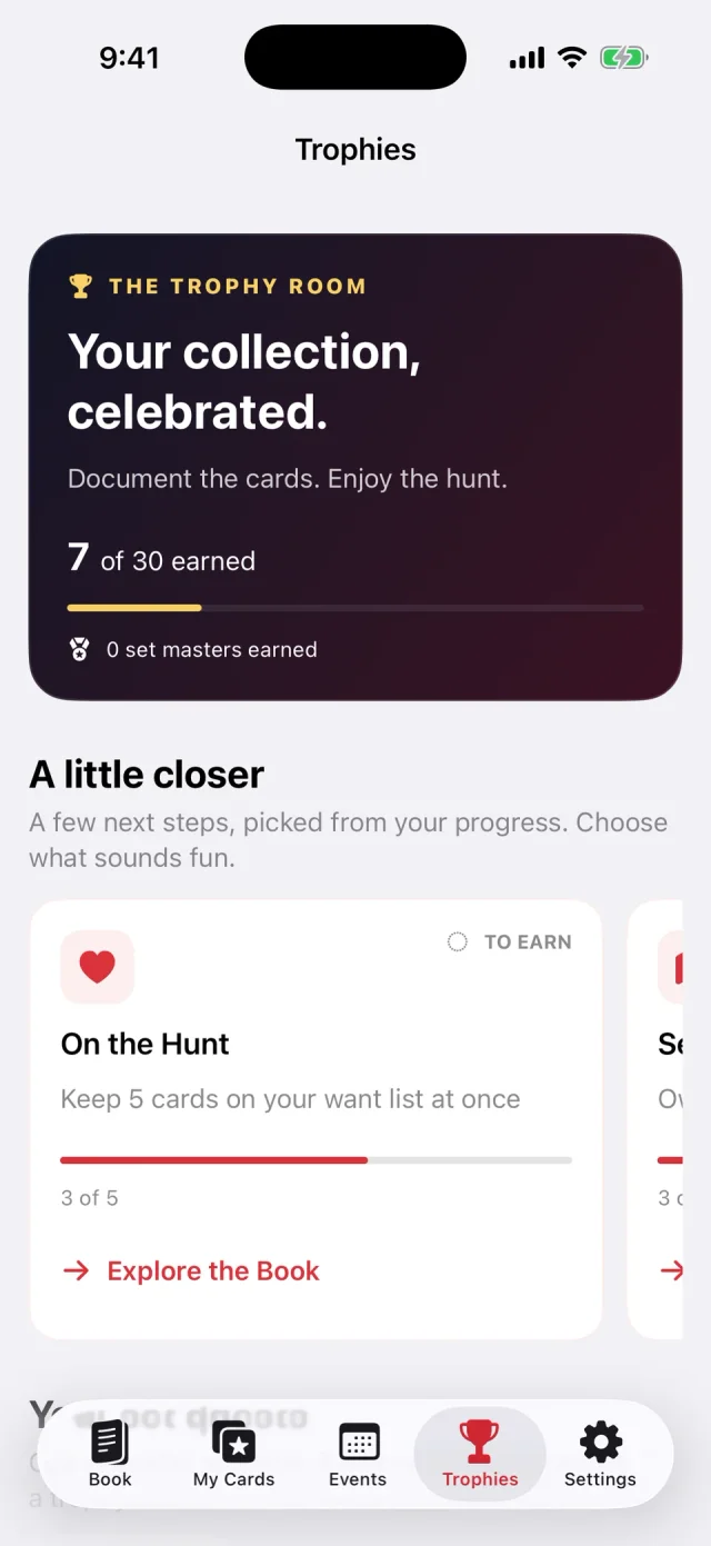 Cardshop VIP Trophies screenshot showing demo achievement progress and set-completion milestones.