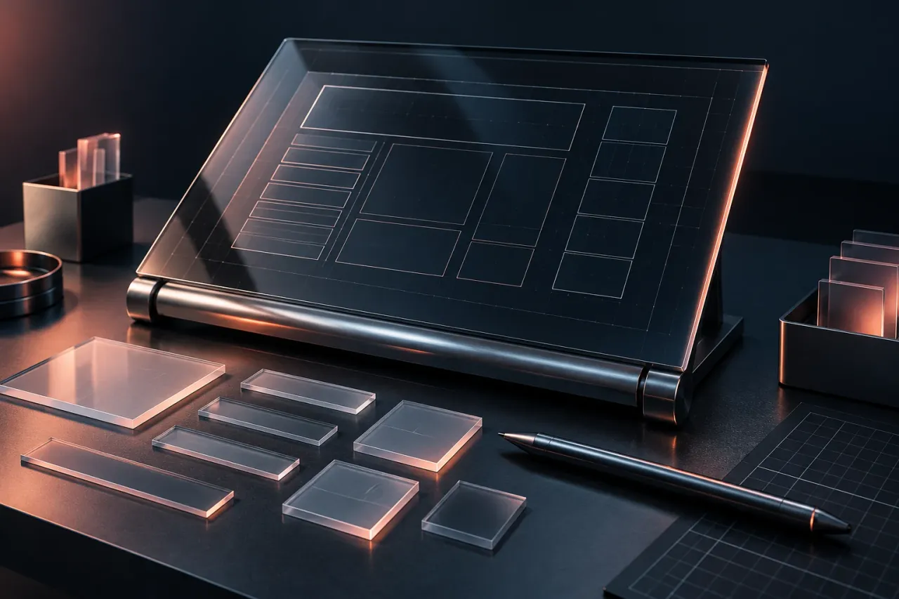A glass wireframe display, layout tiles, and a precision stylus.