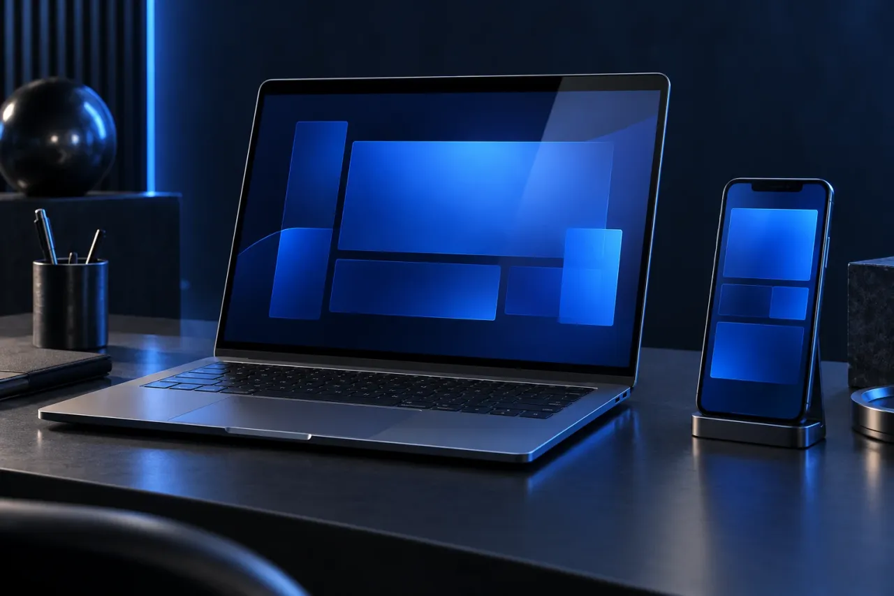 A laptop and phone showing abstract blue responsive layouts.