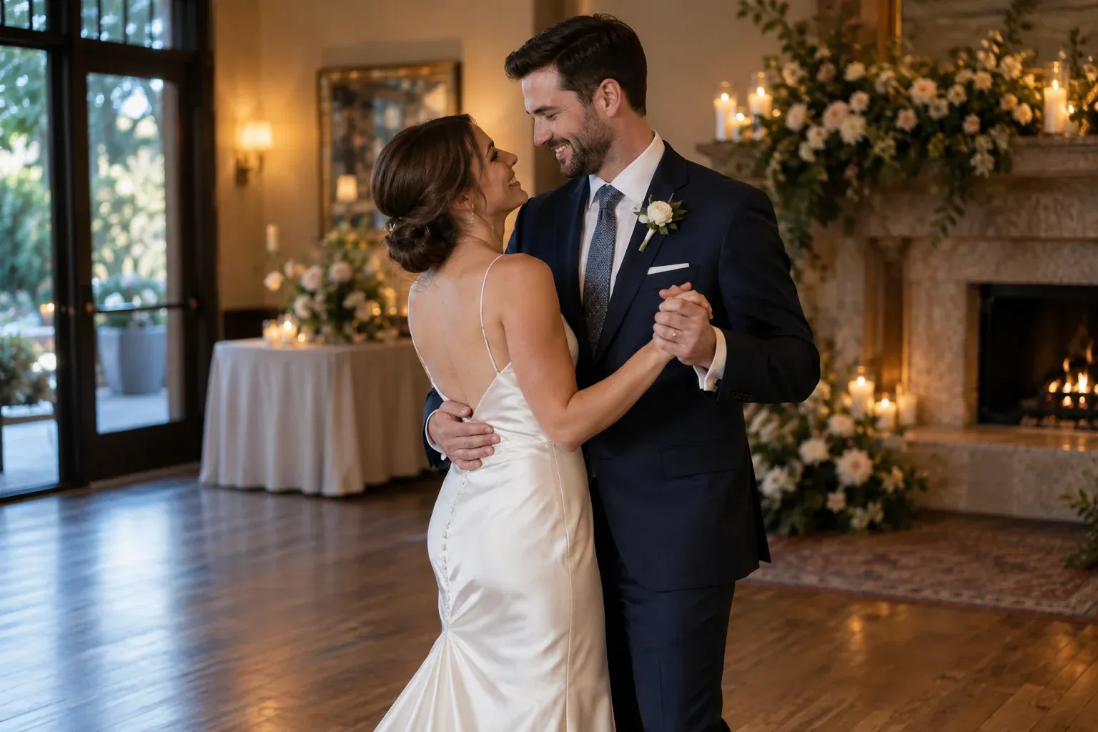 Adult newlywed couple sharing a quiet first dance in a warmly lit reception room.