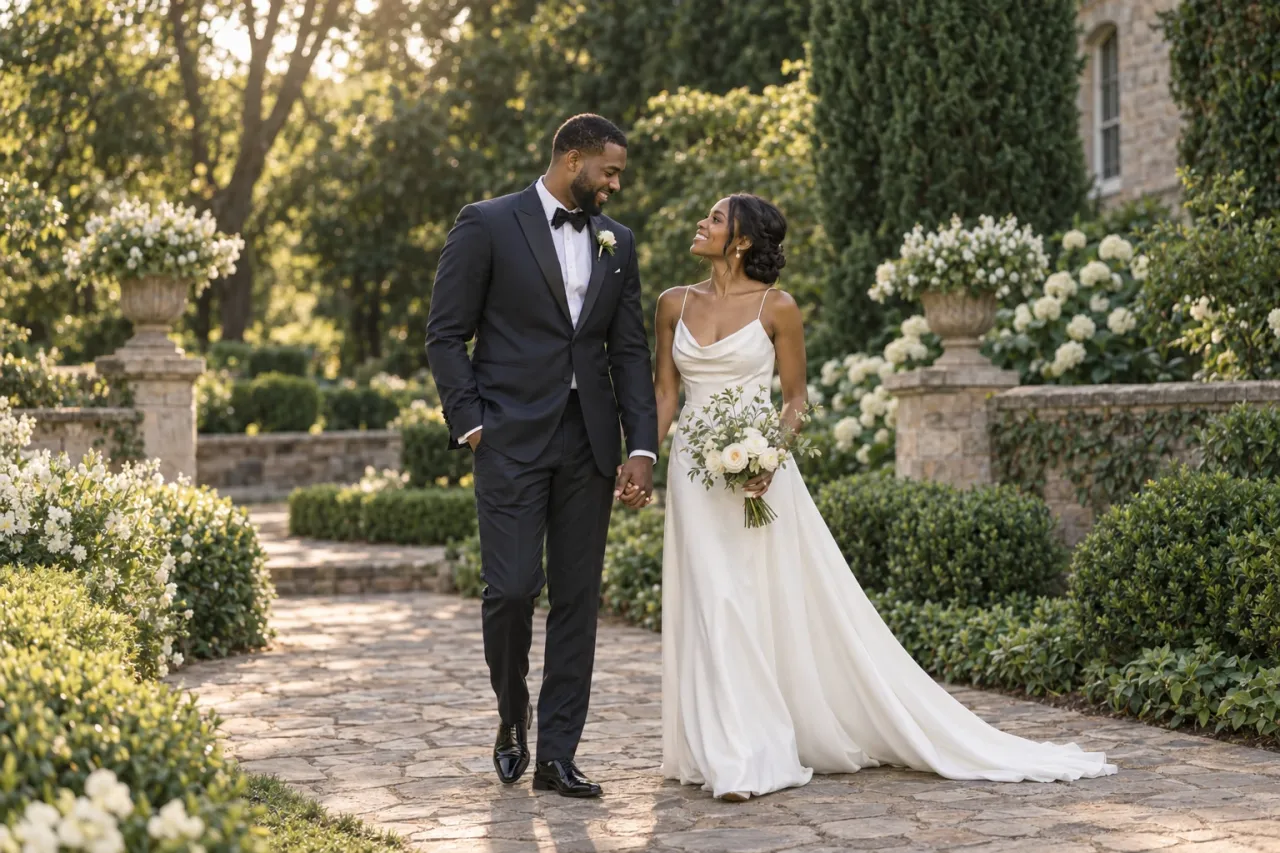 Studio wedding demo: a bride and groom walking together through a sunlit estate garden.