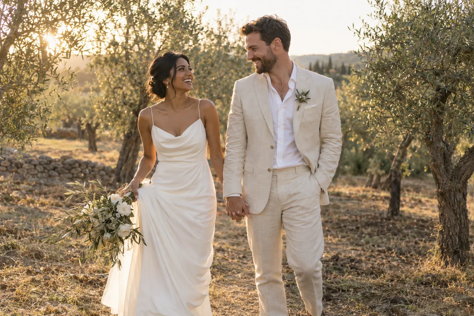 A bride and groom laughing together in a golden-hour olive grove.