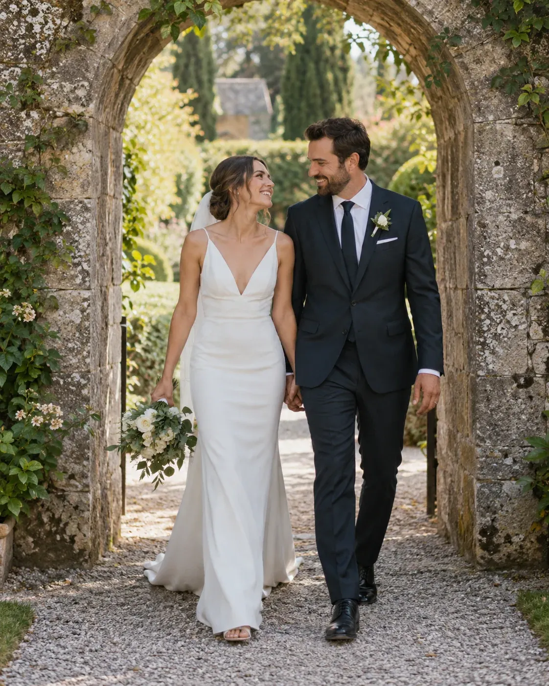 Newlywed adult couple walking together through a sunlit garden archway.