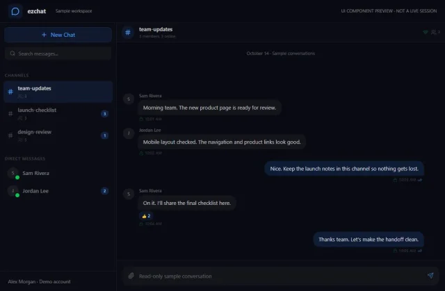 ezchat sample team channel with fictional messages, reactions, and read indicators.